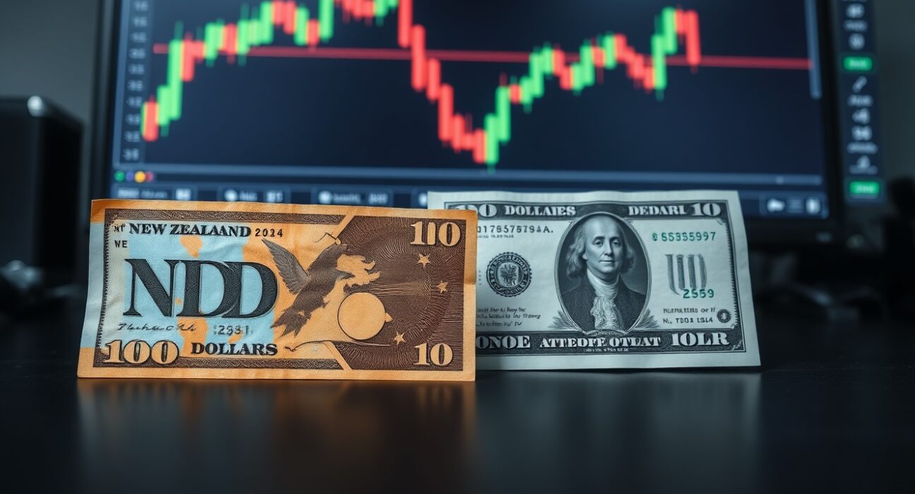 New Zealand Dollar and US Dollar banknotes on a trading desk with a financial chart in the background.