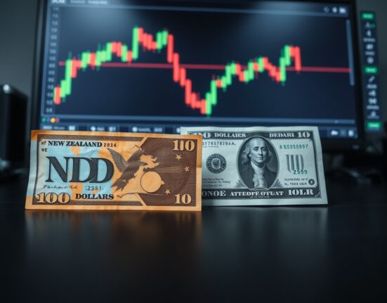 New Zealand Dollar and US Dollar banknotes on a trading desk with a financial chart in the background.