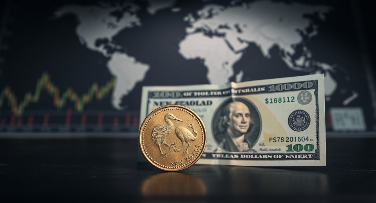 New Zealand Dollar coin and US Dollar bill on a wooden surface with financial charts in background
