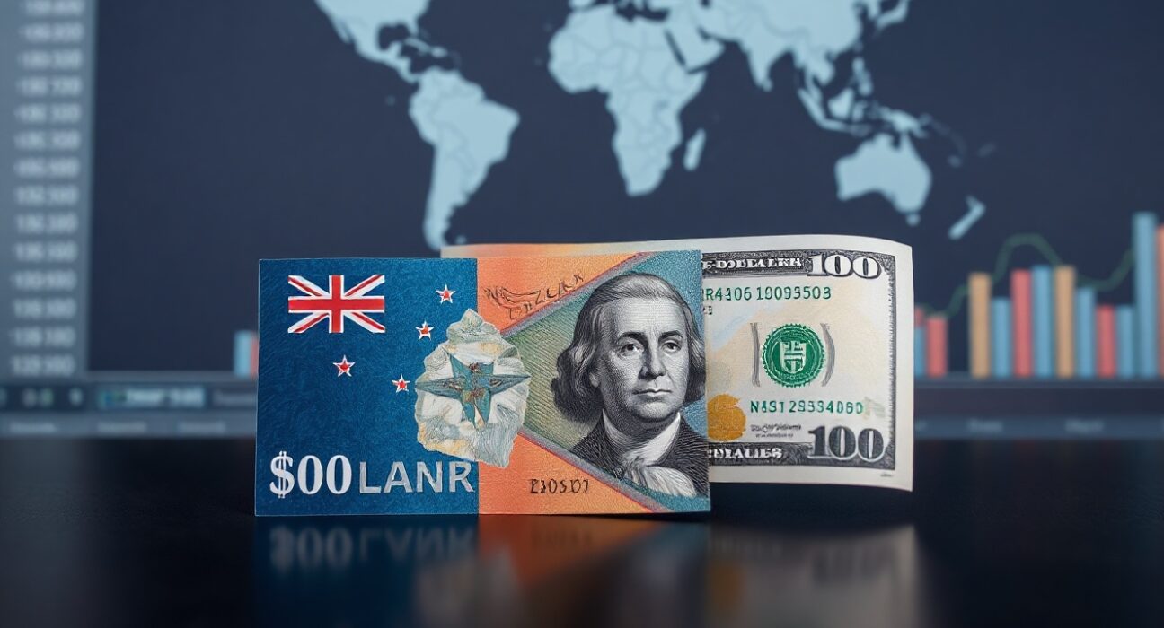 New Zealand dollar and US dollar banknotes on a reflective surface with a blurred financial chart background