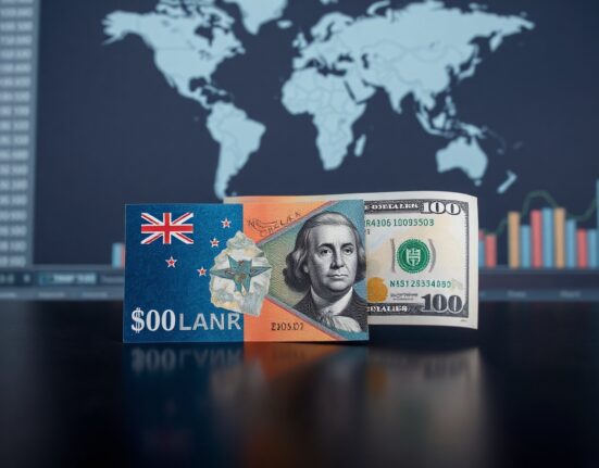 New Zealand dollar and US dollar banknotes on a reflective surface with a blurred financial chart background