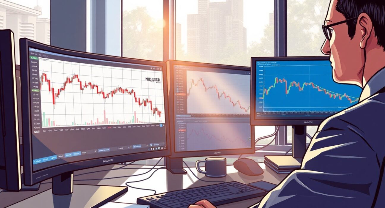 Trader analyzing NZD/USD forex charts amid market volatility and geopolitical uncertainty