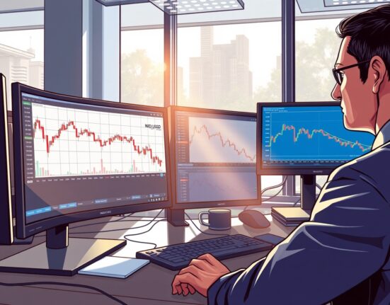 Trader analyzing NZD/USD forex charts amid market volatility and geopolitical uncertainty