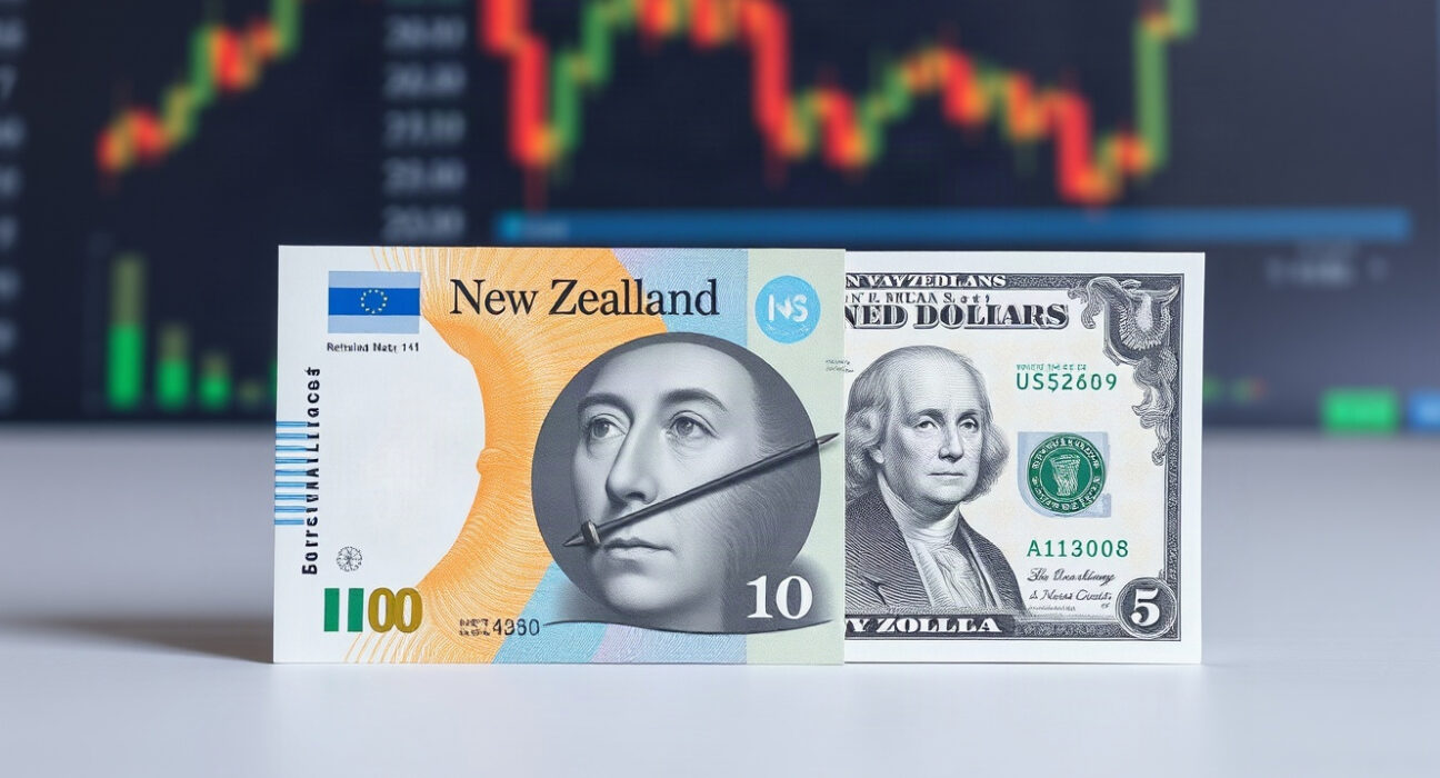 New Zealand Dollar and US Dollar banknotes with stock chart in background