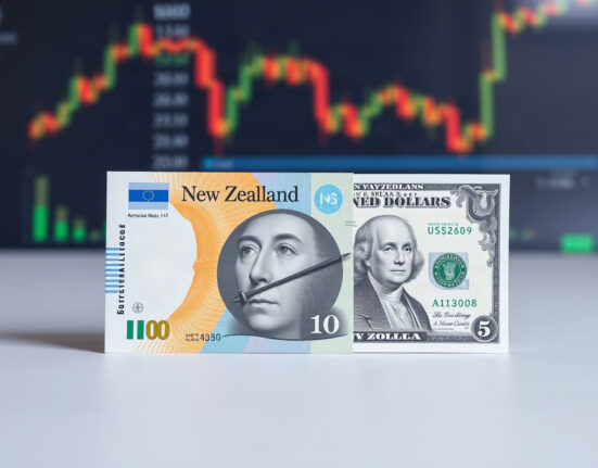 New Zealand Dollar and US Dollar banknotes with stock chart in background
