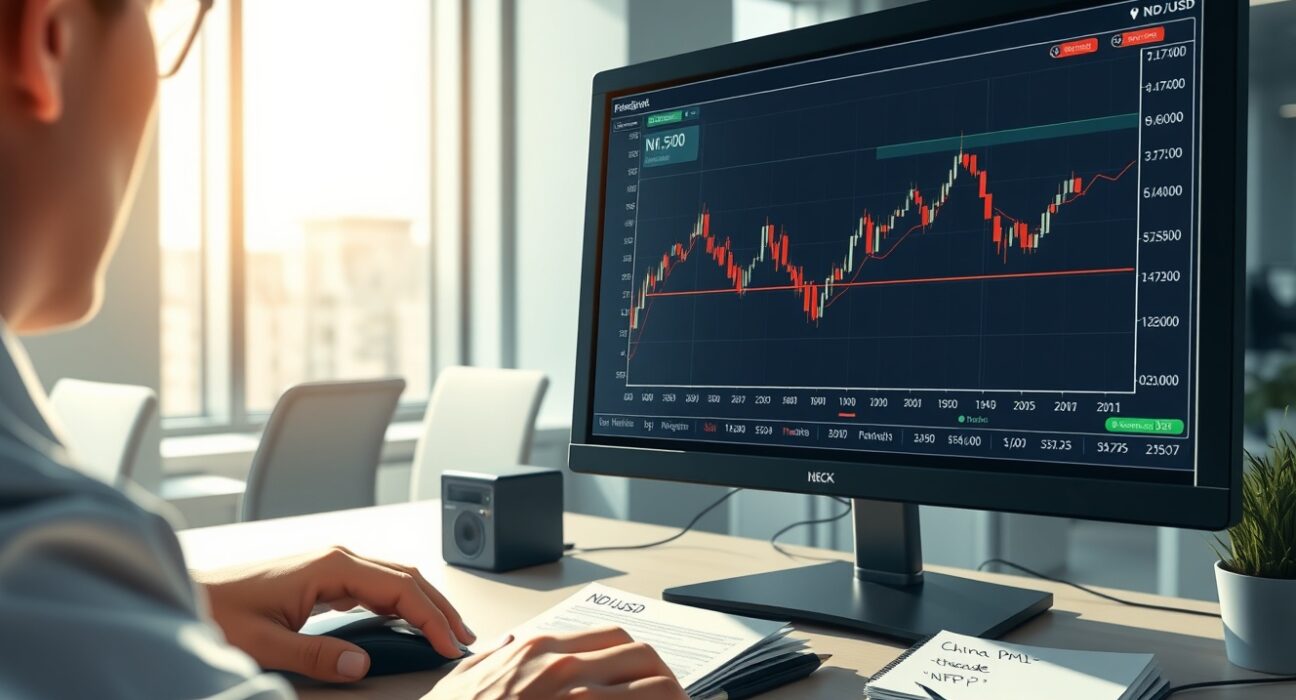 NZD/USD forex chart showing decline amid Chinese economic data and US jobs report anticipation.