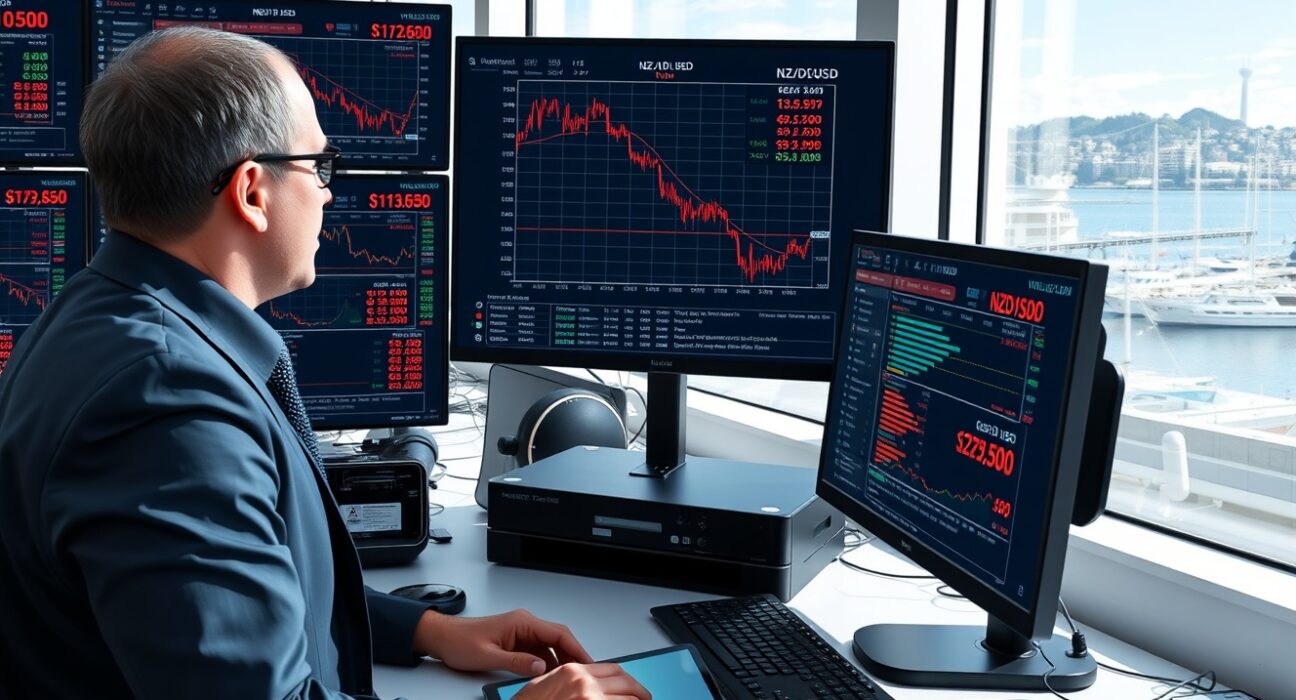 NZD/USD currency pair declining on trading desk monitors during market analysis