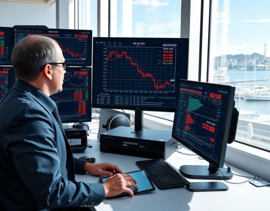NZD/USD currency pair declining on trading desk monitors during market analysis