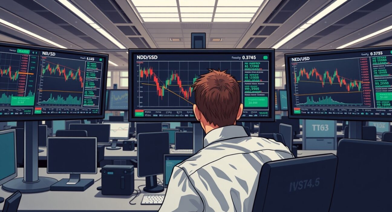 Trader analyzing NZD/USD currency pair decline on financial market monitors.