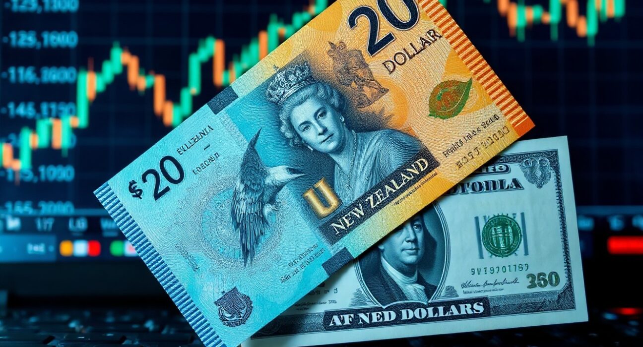 New Zealand Dollar and US Dollar banknotes on a financial chart background, representing currency market movements.