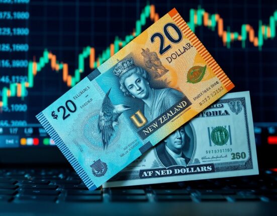 New Zealand Dollar and US Dollar banknotes on a financial chart background, representing currency market movements.
