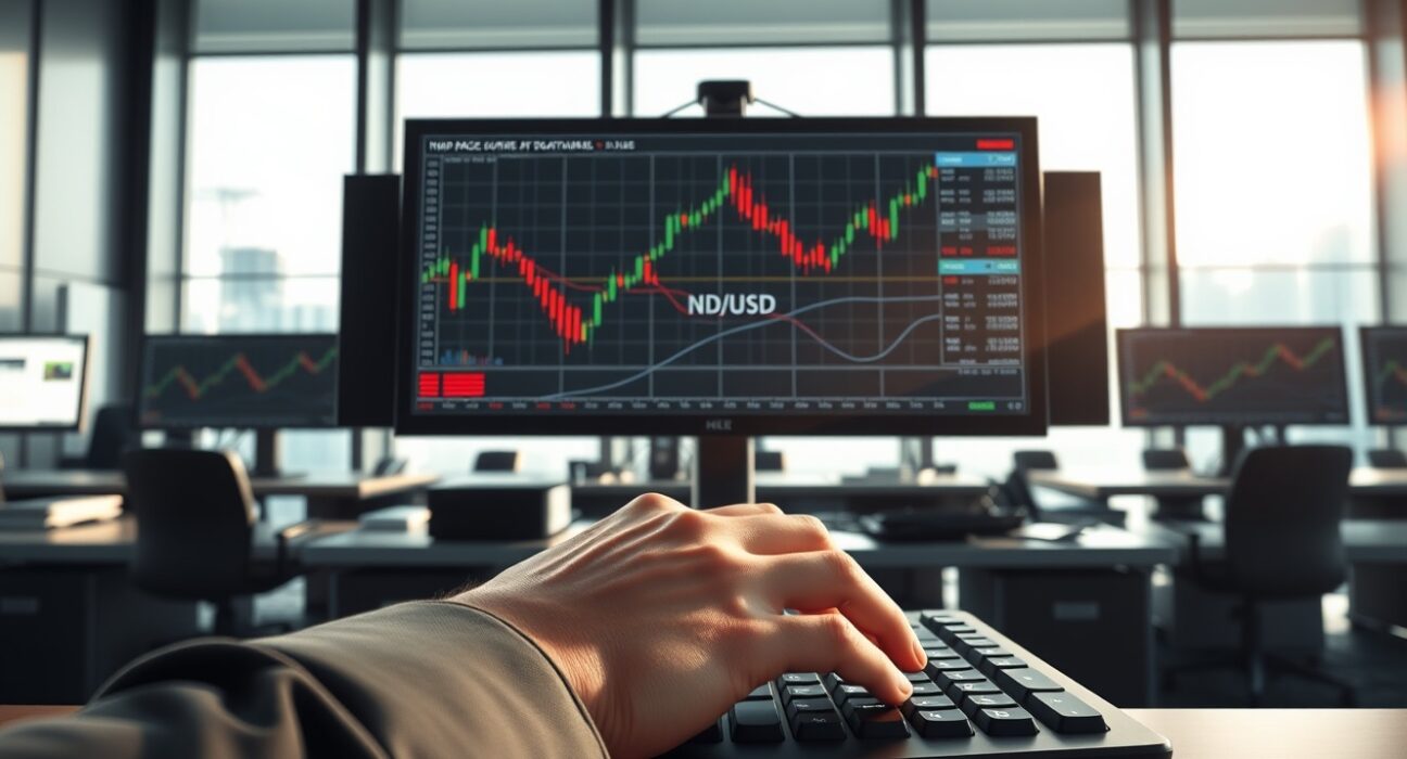 Professional forex trader analyzing NZD/USD currency pair decline on trading desk monitors