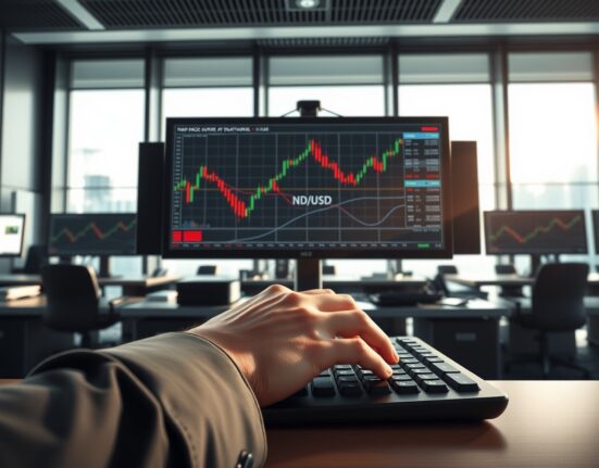 Professional forex trader analyzing NZD/USD currency pair decline on trading desk monitors