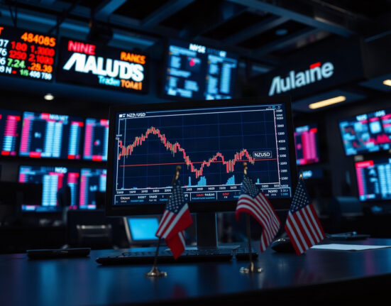 NZD/USD price chart showing a decline on a trading screen in a modern financial office