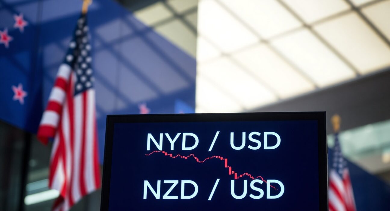 NZD/USD currency chart showing decline below 0.5900 on trading screen