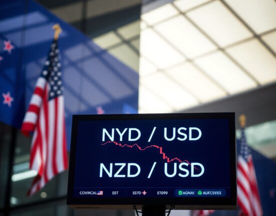 NZD/USD currency chart showing decline below 0.5900 on trading screen