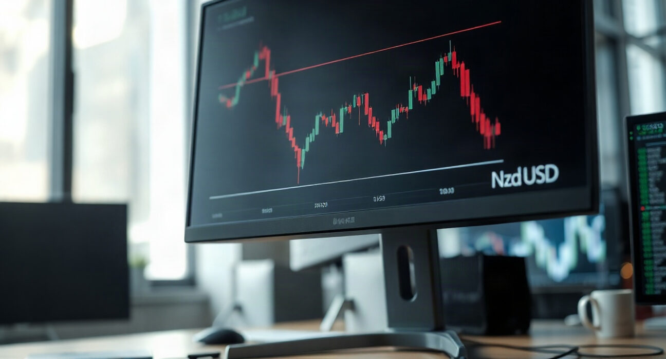 NZD/USD currency chart showing a decline on a trading monitor.