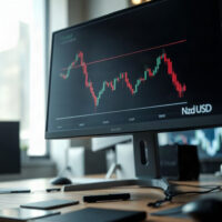 NZD/USD currency chart showing a decline on a trading monitor.