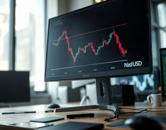 NZD/USD currency chart showing a decline on a trading monitor.