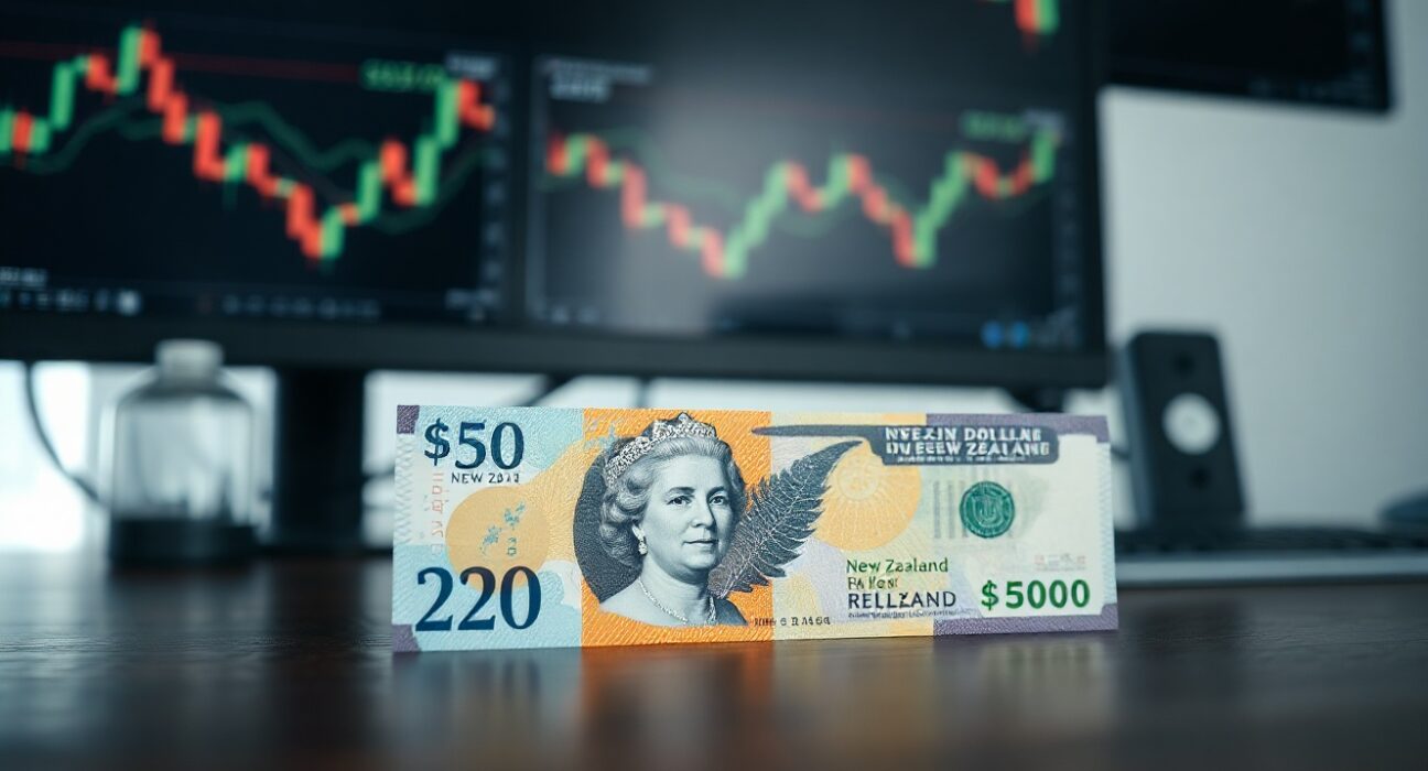New Zealand Dollar and US Dollar banknotes side by side on a desk, representing currency market movements.