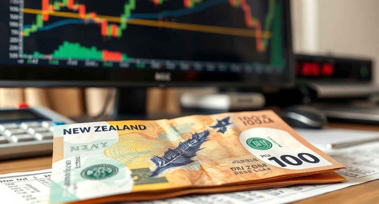New Zealand dollar and US dollar banknotes on a desk with a currency chart in the background