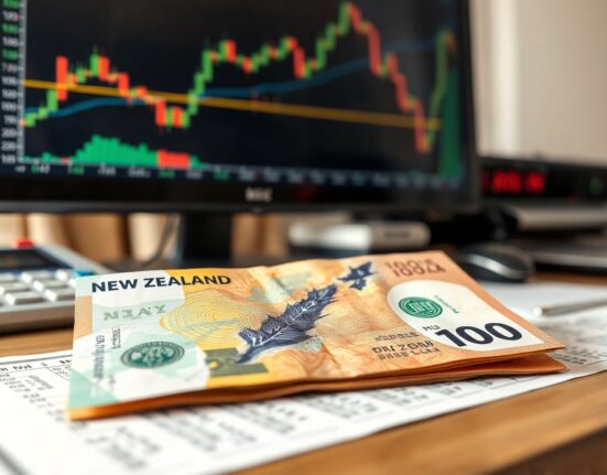 New Zealand dollar and US dollar banknotes on a desk with a currency chart in the background