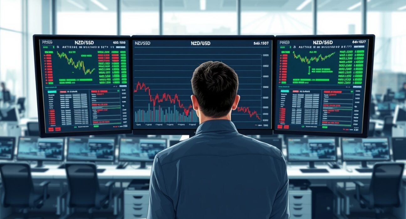Trader analyzing NZD/USD forex pair decline on trading desk monitors.