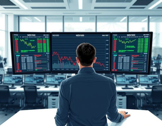 Trader analyzing NZD/USD forex pair decline on trading desk monitors.