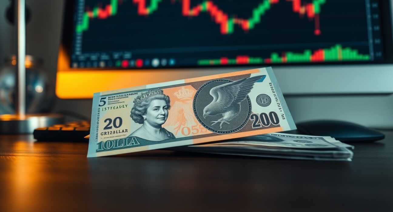 New Zealand Dollar and US Dollar banknotes on a desk with a financial chart in the background