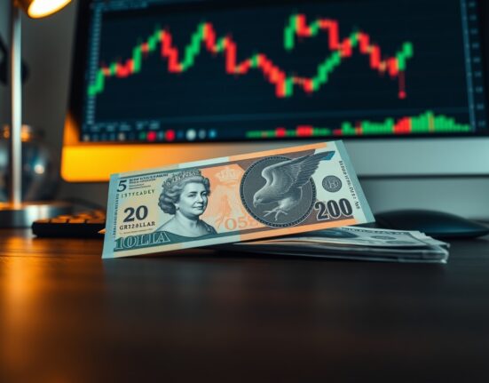 New Zealand Dollar and US Dollar banknotes on a desk with a financial chart in the background