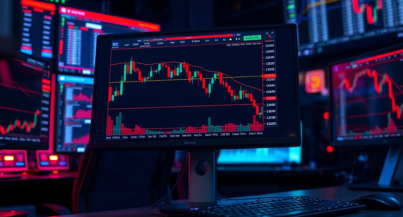 Financial trading monitors showing NZD/USD forex chart with downward trend