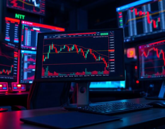 Financial trading monitors showing NZD/USD forex chart with downward trend