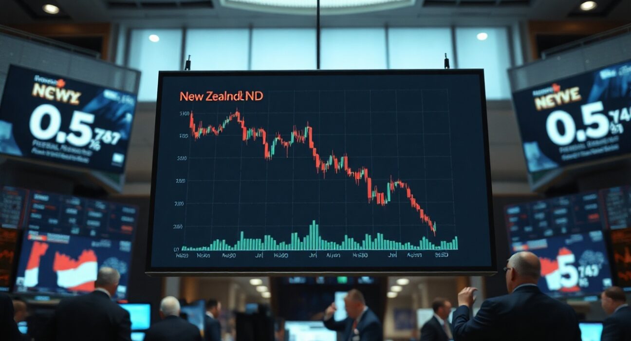 A digital screen on a trading floor showing a downward trend of the New Zealand Dollar against the US Dollar.