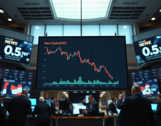 A digital screen on a trading floor showing a downward trend of the New Zealand Dollar against the US Dollar.