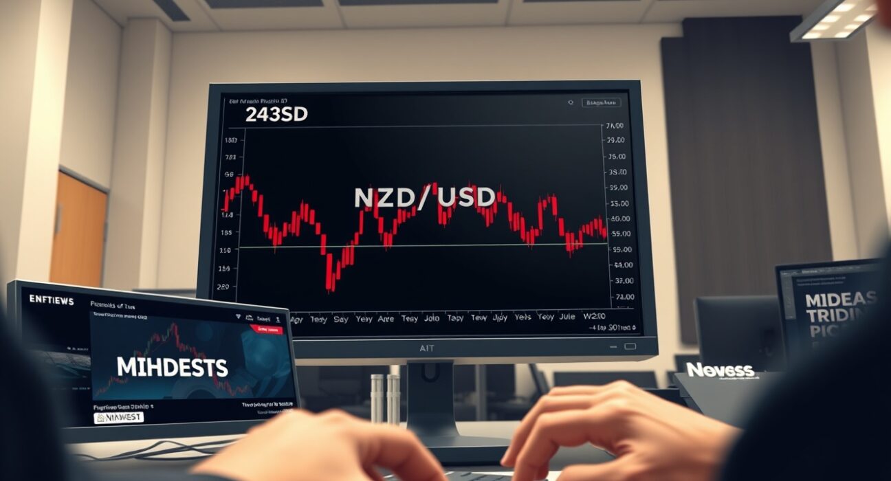 NZD/USD chart falling on trading screen amid geopolitical tension news.
