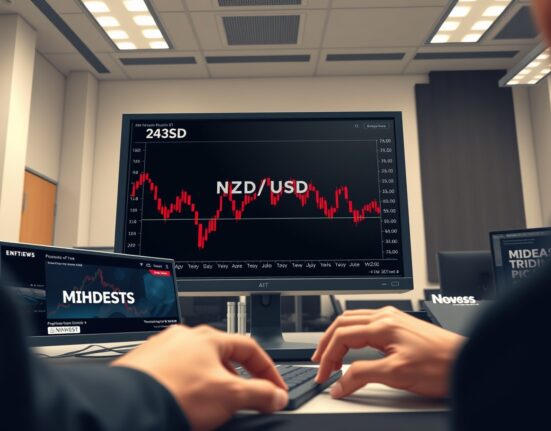 NZD/USD chart falling on trading screen amid geopolitical tension news.