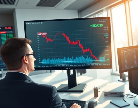Forex trader analyzing a falling NZD/USD chart amid Middle East-driven market volatility.