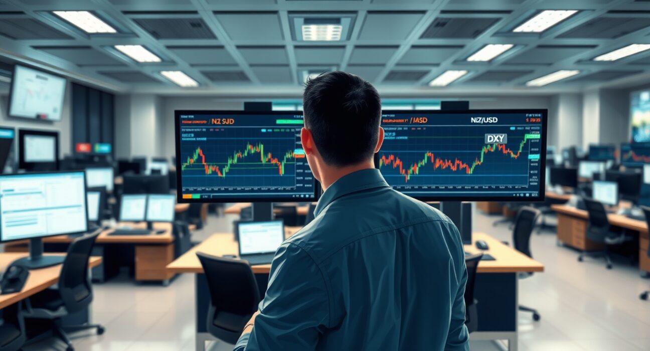 Trader analyzing NZD/USD and US Dollar forex charts amid market volatility.