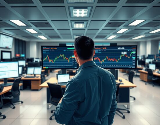 Trader analyzing NZD/USD and US Dollar forex charts amid market volatility.