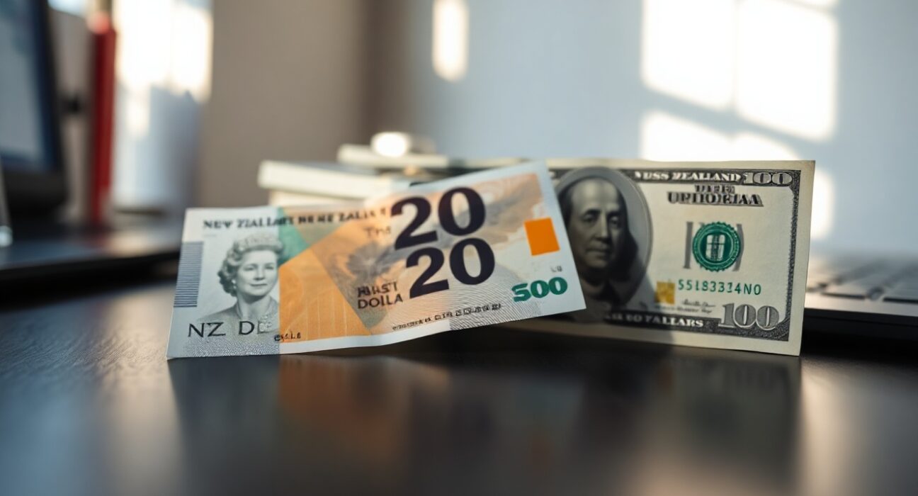 New Zealand Dollar and US Dollar banknotes on a desk representing currency exchange and forex market trends.
