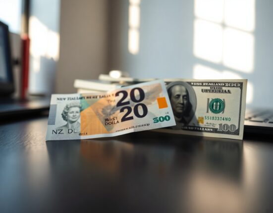 New Zealand Dollar and US Dollar banknotes on a desk representing currency exchange and forex market trends.
