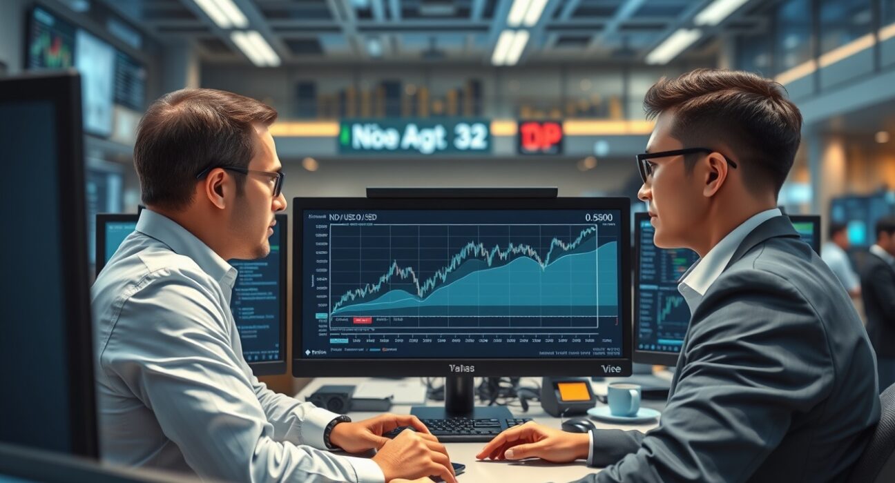 Forex traders analyzing NZD/USD exchange rate data on trading desk monitors during market activity.