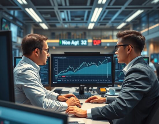 Forex traders analyzing NZD/USD exchange rate data on trading desk monitors during market activity.