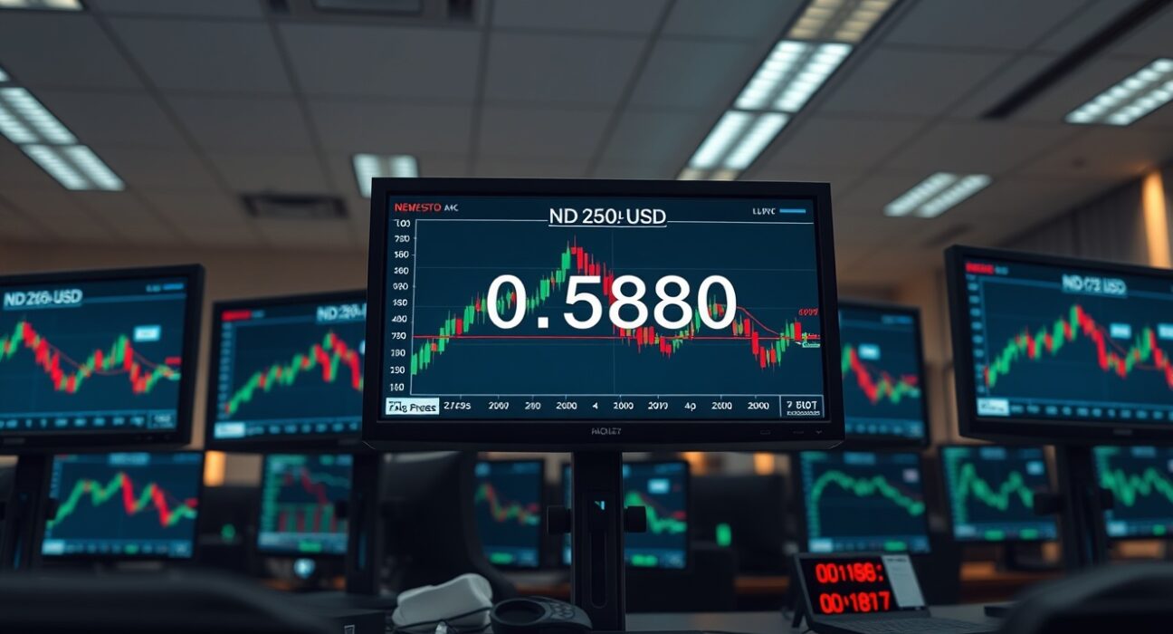 Forex trading desk monitors showing NZD/USD chart with 0.5880 resistance level highlighted