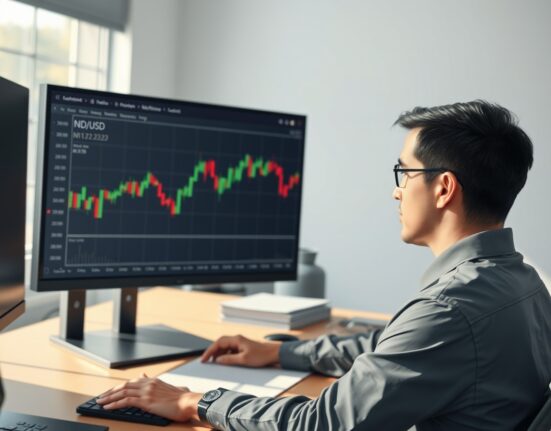 Professional trader analyzing NZD/USD forex chart showing bearish pressure below the 200-SMA technical level.