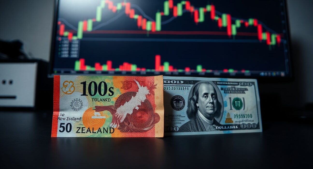 New Zealand and US dollar banknotes on a trading desk with a chart on screen
