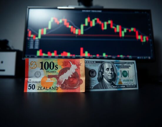 New Zealand and US dollar banknotes on a trading desk with a chart on screen