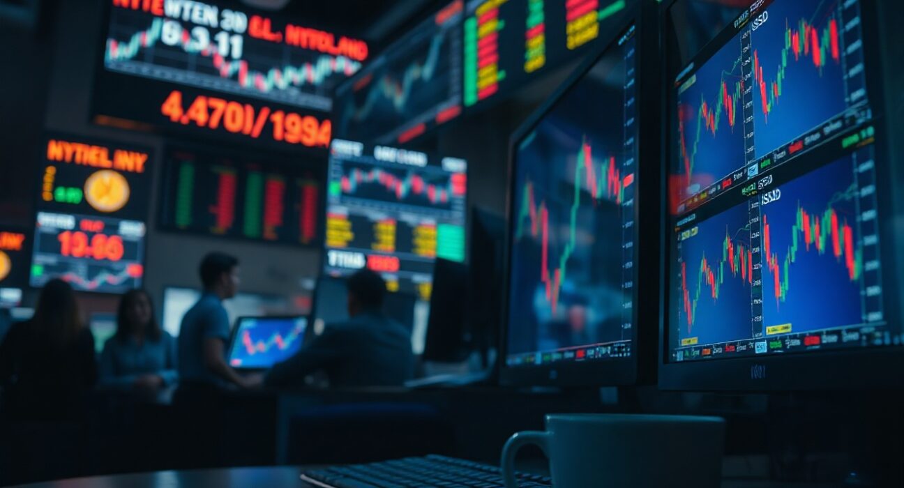 Trading monitors displaying NZD/USD charts on a dimly lit financial trading floor