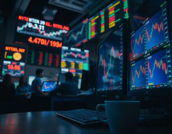 Trading monitors displaying NZD/USD charts on a dimly lit financial trading floor