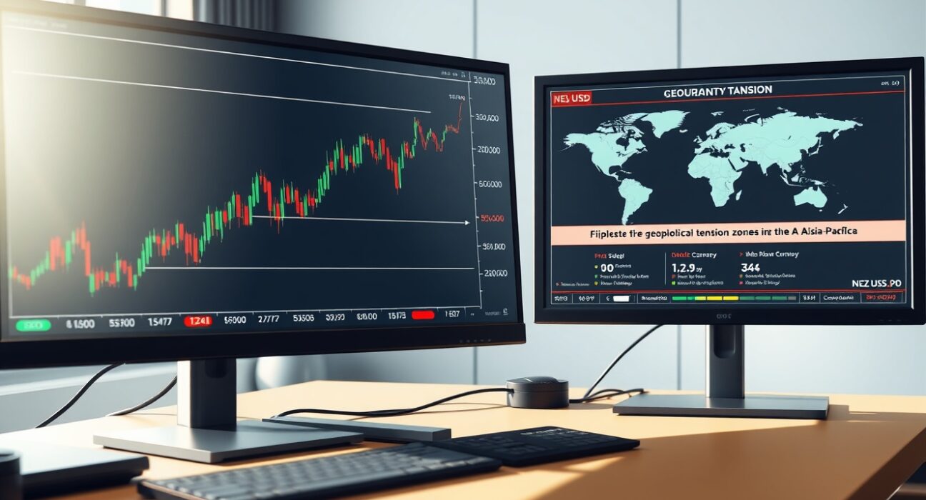 NZD/USD forecast analysis on trading screens amid geopolitical risk indicators.